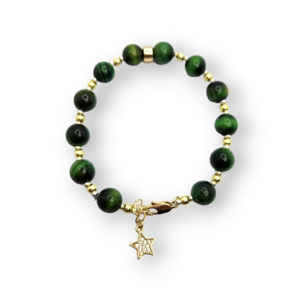 Green Tiger Eye, gold plated charm bracelet 8 mm